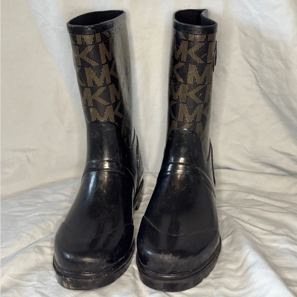 Michael Kors MK Logo Black Rubber Rain Boots Mid-Calf Buckle